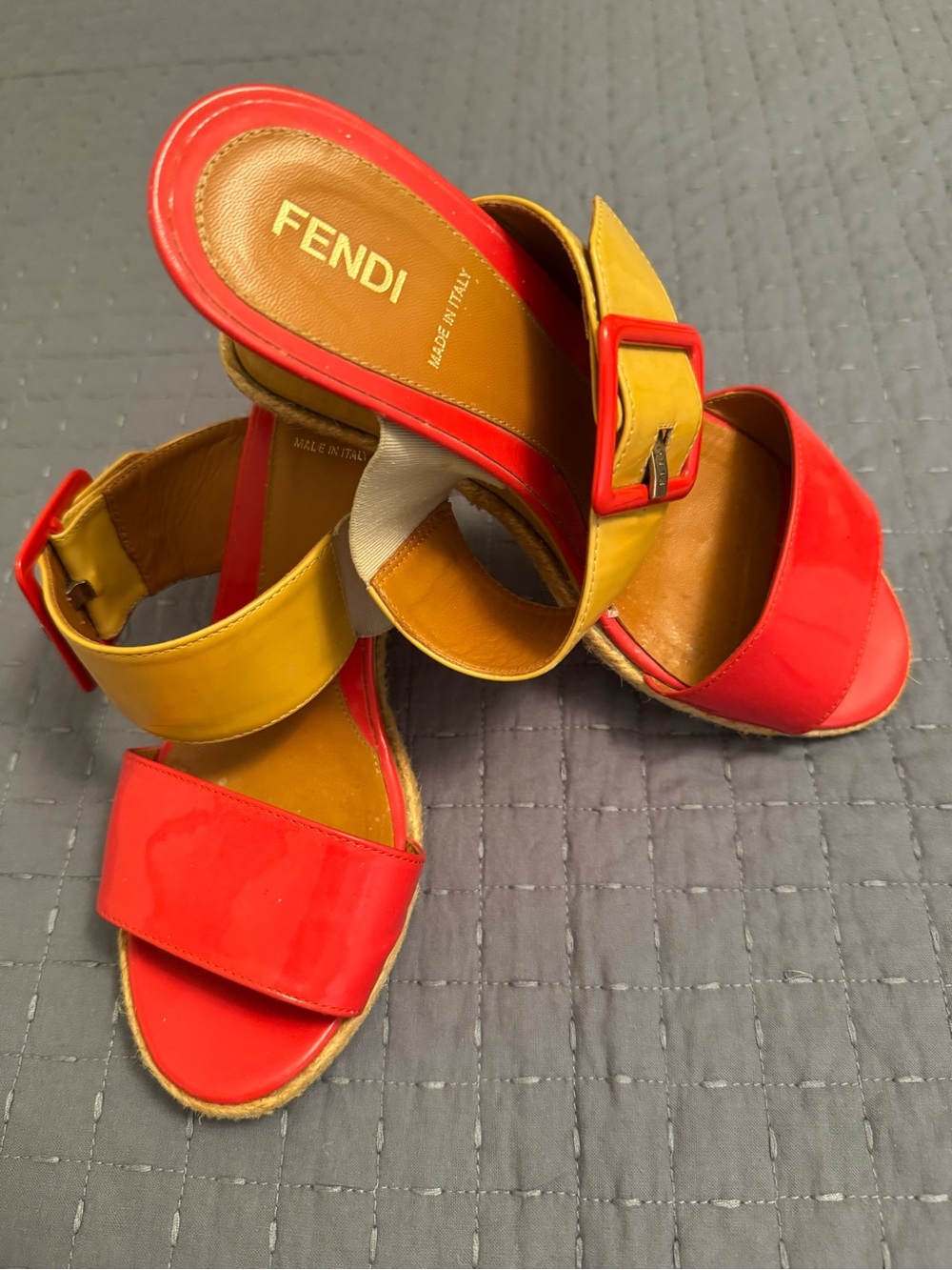 Fendi Red and Mustard Patent Wedge Slide Sandals - Women - Picture 6 of 7